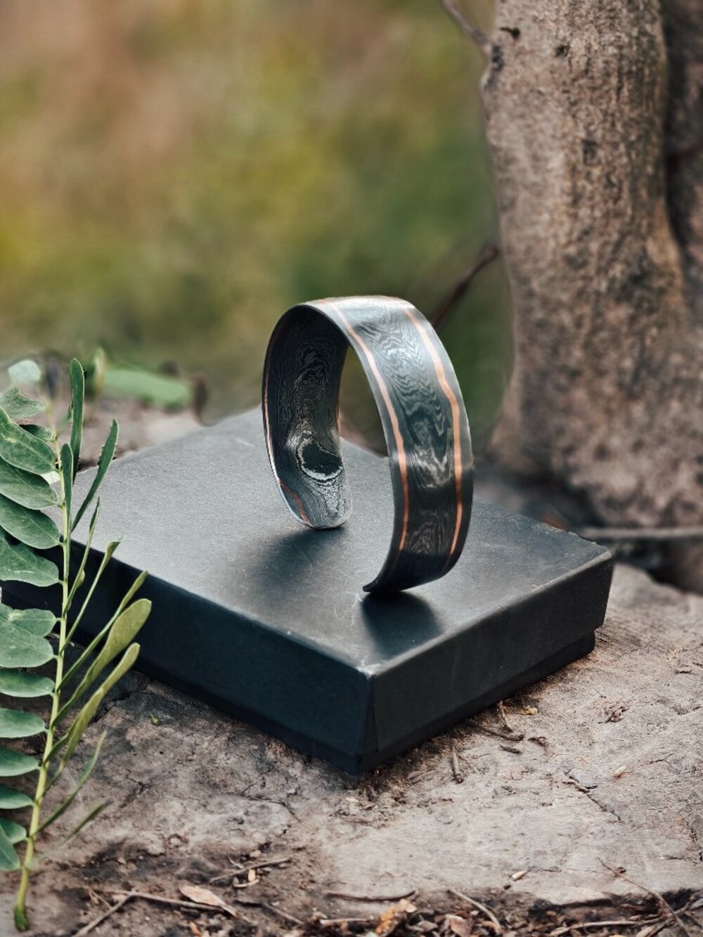 Damascus Steel Cuff Bracelet Black Copper Open Bangle Unisex Jewelry